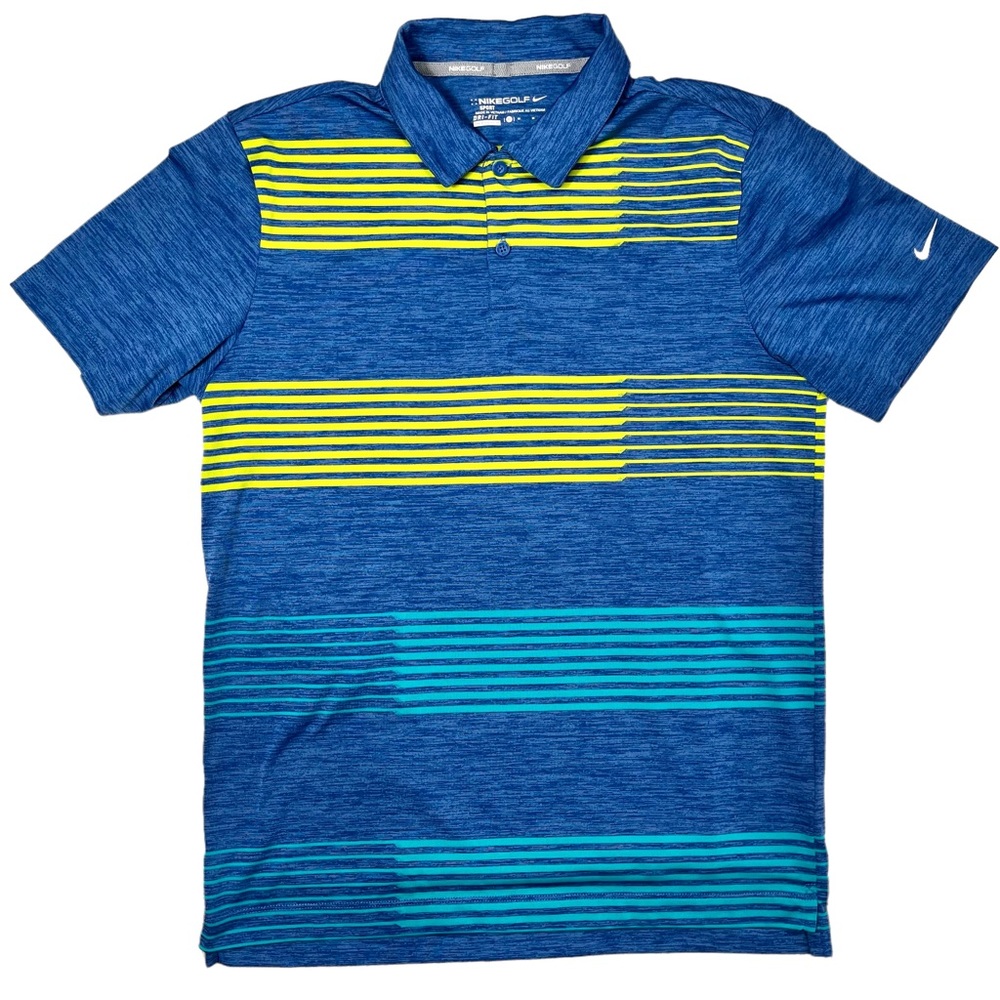 Nike Golf | Men’s Medium | Sport Dri-Fit Blue & Neon Yellow‎ Stripes Polo Shirt
